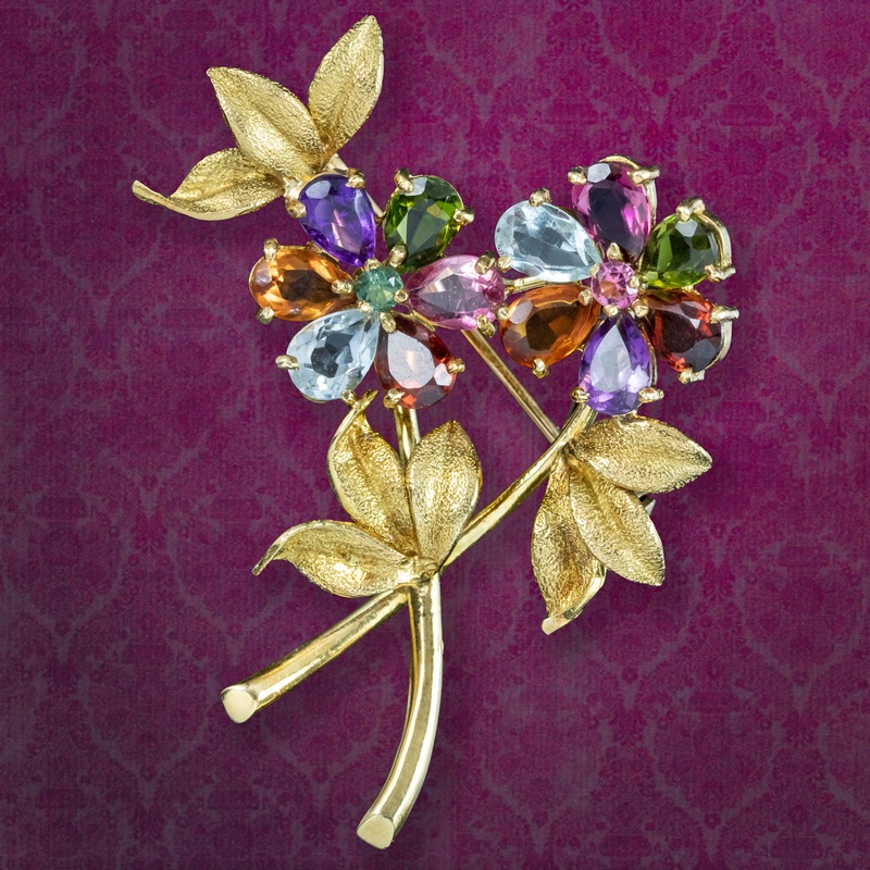 Vintage Gemstone Flower Spray Brooch 18ct Gold